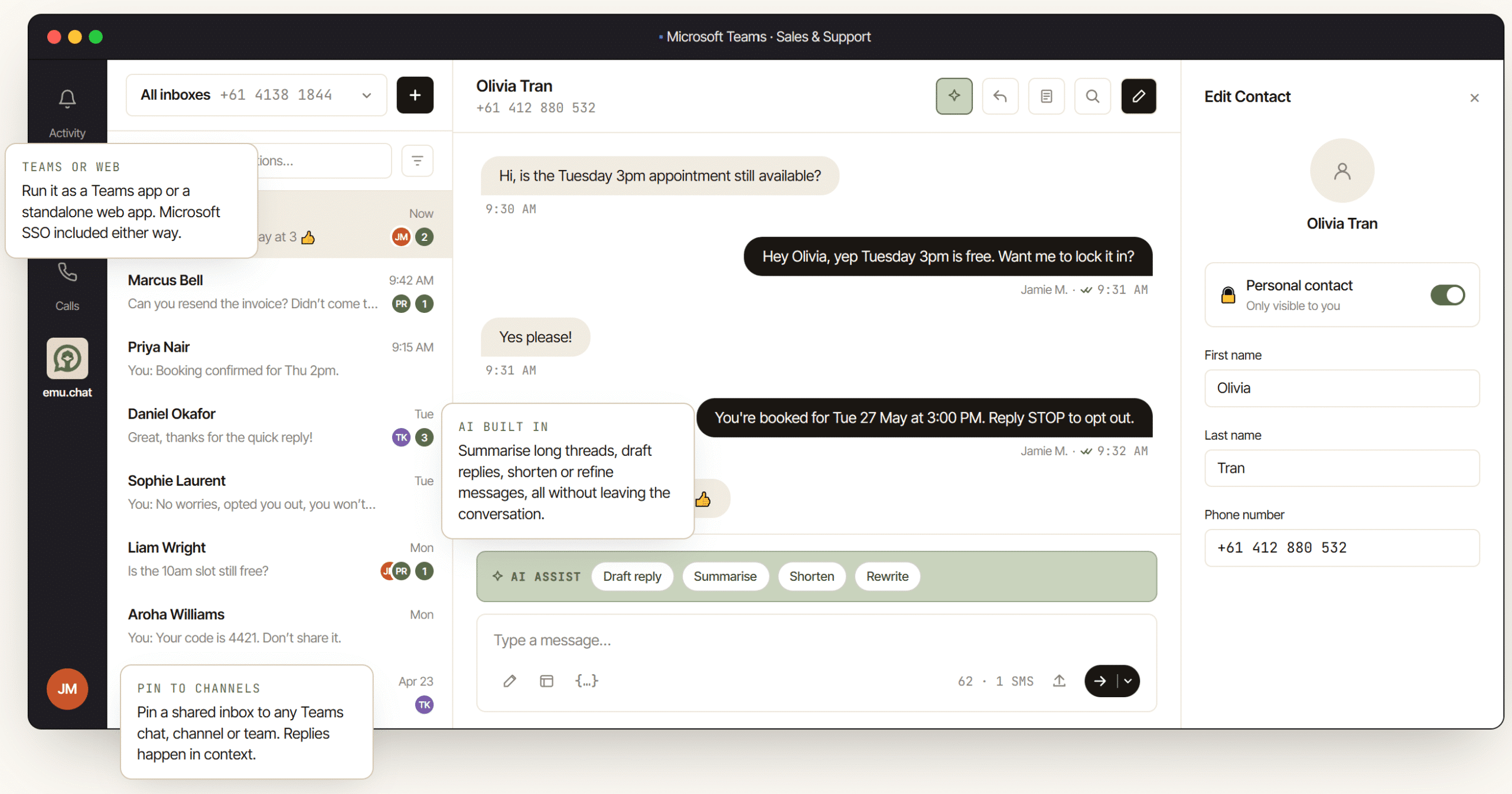 emu.chat shared SMS inbox running inside Microsoft Teams, with AI assist and contact sync